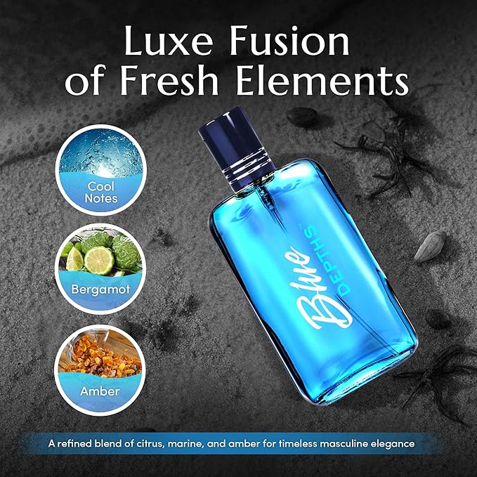PB ParfumsBelcam Blue Depths Eau de Toilette Fragrance Spray - 3.4 Fl Oz. Fresh Aquatic Cologne for Men with Crisp Citrus, Warm Musk & Amber Scent, Crafted with Premium Oils for Day & Night Use