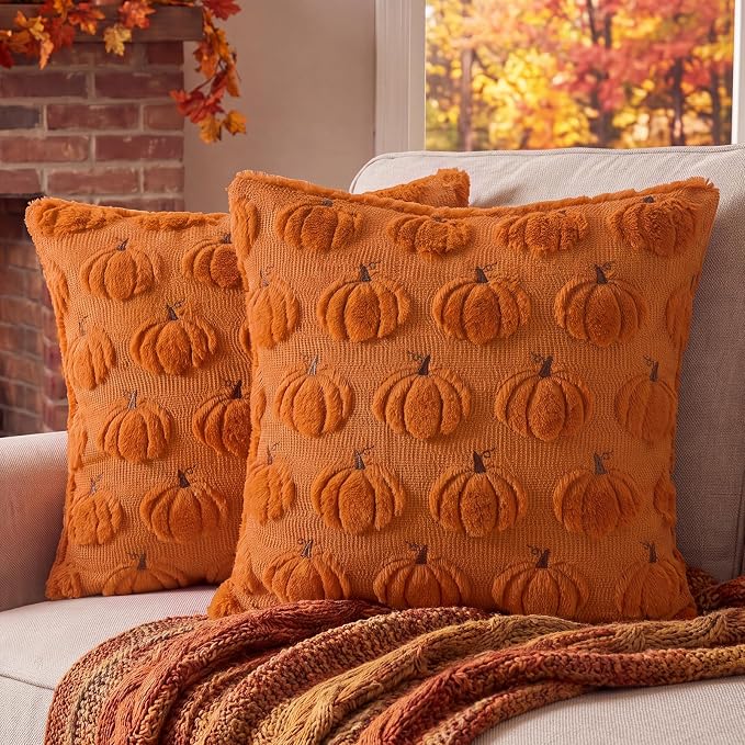 Softalker Fall Throw Pillow Covers 12x12 Set of 2 Small Rust Pumpkin Covers | Double-Sided plush comfort with raised pumpkin embroidery, designed for living rooms, bedrooms, and cozy fall home decor.