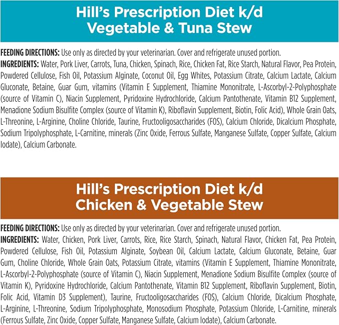 Hill's Prescription Diet k/d Variety Pack Wet Cat Food | #1 Veterinarian Recommended, Chicken & Vegetable Stew, Vegetable & Tuna Stew, 2.9 oz. Cans, 24-Pack