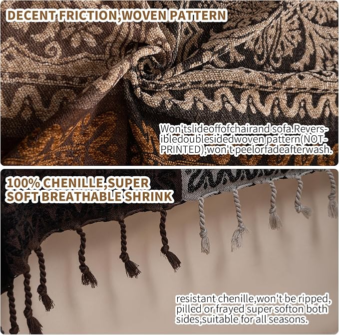 Boho Throw Blanket, Chenille Jacquard Tassels Throw Blankets for Bed Couch Soft Chair， Bohemian Fringe Tassels (Black, Large 86 * 102Inches)