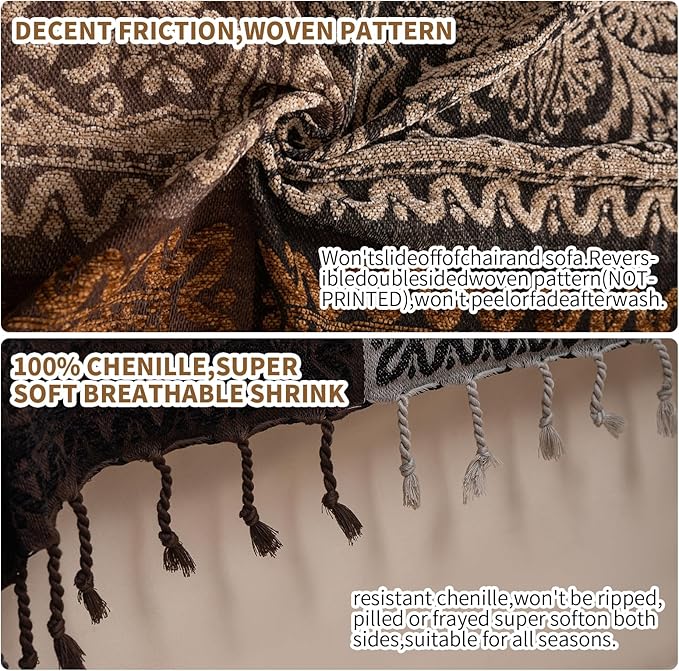 Boho Throw Blanket, Chenille Jacquard Tassels Throw Blankets for Bed Couch Soft Chair， Bohemian Fringe Tassels (Black, S:60x75)