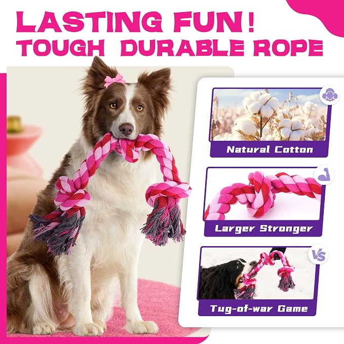 Zeaxuie 12 Pack Long-Lasting Heavy Various Dog Chew Toys Pack for Aggressive Chewers-Includes Large Rope Toys,Squeaky Toys & Indestructible Chew Bone for Medium,Large & X-Large Female Dogs