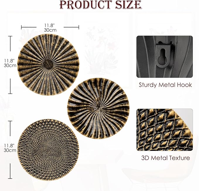 Briful 12" Wall Décor Pack of 3 Metal Gold & Black Washed Starbursts Radial Plate Wall Art Modern Accent Hanging Wall Decorations For Home Office Bedroom Or Living Room Wall Sculptures