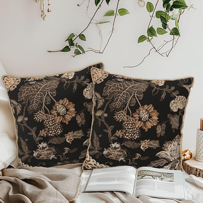 Vintage Black Floral Leaves Velvet Pillow Covers 18x18 Inch Brown Beige Tan Boho Flowers Throw Pillows For Couch Cushion Covers Pillowcase Farmhouse Bohemian Pillow Cases for Sofa Bed Bedroom