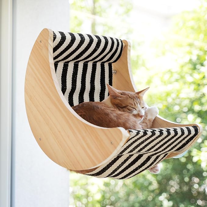 Cat Window Perch, Plywood Moon Bed with 4 Heavy-Duty Suction Cups | Window-Mounted, Drill-Free, Up to 40 lb Support, For Small to Medium Cats, Spacious Lounging Area, Machine-Washable Pad