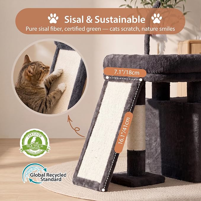Heybly Cat Tree Extra-Long & Stable 2 Adjustable Scratch Boards HCT210SG | Easy-Climb Cat Tower with Dual-Leg Floor Condo, Sturdy Cat Furniture with Extra Wide Platform & Interactive Toys, Smoky Gray