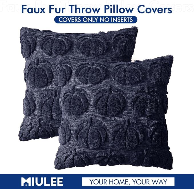 MIULEE Fall Pillow Covers Pumpkin Fall Decor 18x18 Navy Blue | Set of 2 Fall Decorations for Home, Plush Faux Fur Farmhouse Accent Pillowcases, Porch Sofa Couch Cushion Bed Livingroom