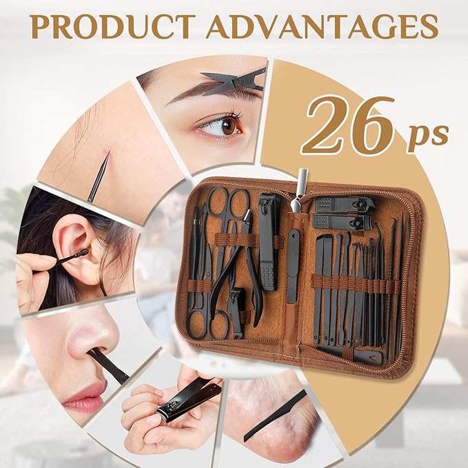 MINKINH Manicure Set Professional Nail Clipper Kit-26 Pieces Stainless Steel Manicure Kit,Nail Care Tools with Luxurious Travel Case (Brown)