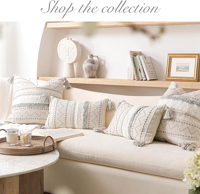 18X18 Throw Pillow Cover, Cream Neutral Square Decorative Cushion Cover with Gray Pattern, Boho Accent Pillowcase with Tufted Details and Tassels for Couch Sofa Living Room (Cover Only)