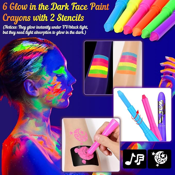 Neon Face Paint Glow in the Dark Face Painting Kit, U V Blacklight Face and Body Paint Makeup Glitter Gel Neon Paint Stick with Stencil for Halloween Party Cheer Raves Festival(Washable for Kid Adult)