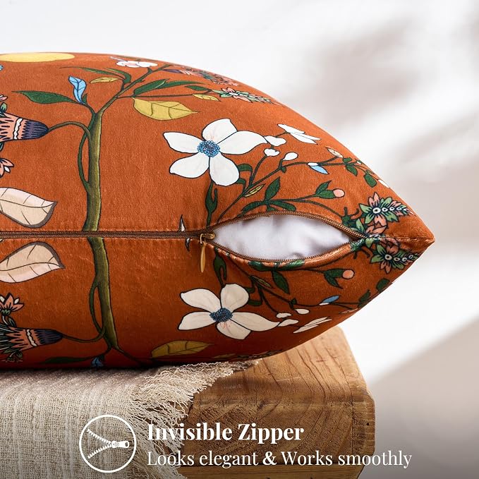 MUSSEL Burnt Orange Velvet Decorative 12x20 Lumbar Pillow Covers Set of 2 | Durable and Sturdy,Botanical Floral Printed,Throw Pillows Case,Rectangle,Colorful Farmhouse Boho,Sofa Bed Couch Decor