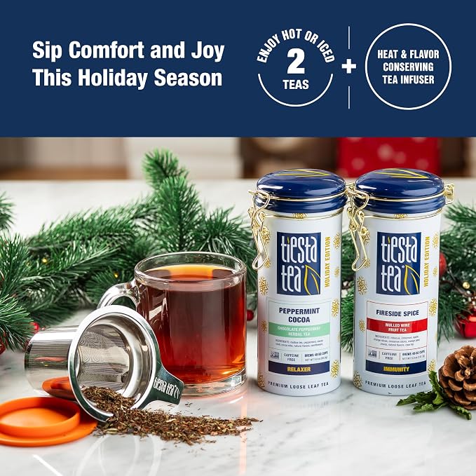 Tiesta Tea - Holiday Cheer Tea Gift Set, Loose Leaf Holiday Blends with Infuser, Non-Caffeinated, Stainless Steel Brewbasket & 2 Refillable Tin Combo, Fireside Spice & Peppermint Cocoa