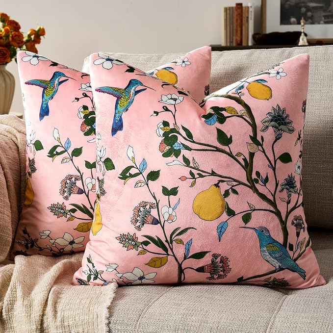 MUSSEL Light Pink Velvet Floral Decorative 20x20 Pillow Covers Set of 2 | Durable Sturdy,Botanical Printed Pattern,Throw Pillows Case,Square,Colorful Mid Century Cushion Covers,Sofa Couch Decor