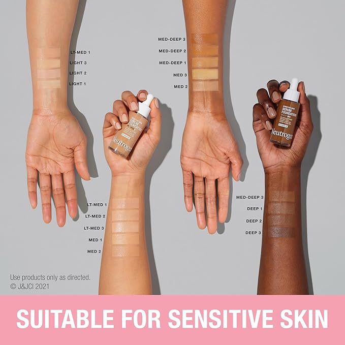 Neutrogena Healthy Skin Sensitive Skin Serum Foundation with Pro-Vitamin B5, Color Correcting & Pore Minimizing Liquid Foundation & Face Serum, Buildable Coverage, Deep 03, 1 oz