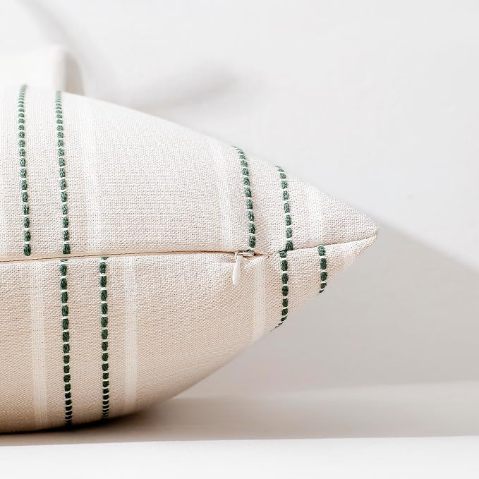 Hckot Spring Striped Throw Pillow Covers 20x20 Set of 2 Green Pillow Covers | Farmhouse Decorative Pillows Textured Linen Square Cushion Covers for Sofa Couch Bed Living Room Decor(Dark Green)