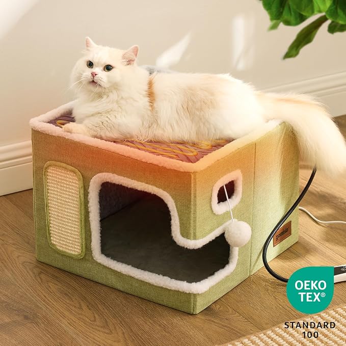 ZOMISIA Heated Cat House for Indoor Cats - Cat Warming Bed for Winter with Fluffy Ball Hanging and Adjustable Heating Pad, Foldable Cat Hideaway,16.5x16.5x13 inches, Green