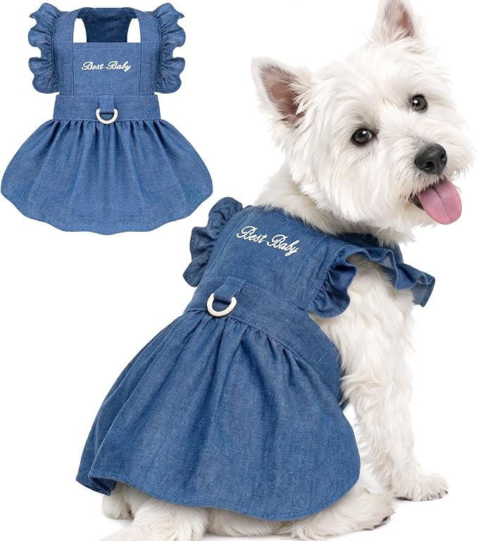 Denim Cat Dog Dress Clothes for Small Dogs with Leash Ring Summer Girl Small Dog Clothes Outfit Belly Velcro Fastening Cat Outfits&Apparel for Girl