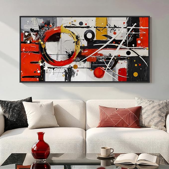 Large Framed Abstract Wall Art for Living Room, Black and White Gold Horizontal Canvas Prints Piantings Artwork for Walls, Red and Black Modern Pictures Wall Decor for Bedroom Office Entryway 30x60 In