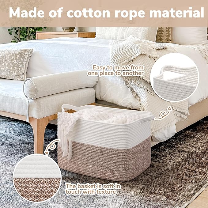 Goodpick 50L Large Woven Storage Basket, 18" x 14" x 12", Brown | Stylish Gift Basket for Home Decor, Cotton Rope Baskets for Toys & Clothes Storage, Living Room & Bedroom Organization