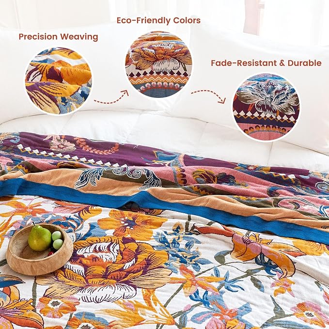 MSGKV Boho Throw Blanket 90"x90" Summer Cotton Victoria Floral Blanket | Muslin Throw, Victoria Floral, Reversible Woven, Lightweight Comfort, Farmhouse Decor, All Seasons, Machine Washable