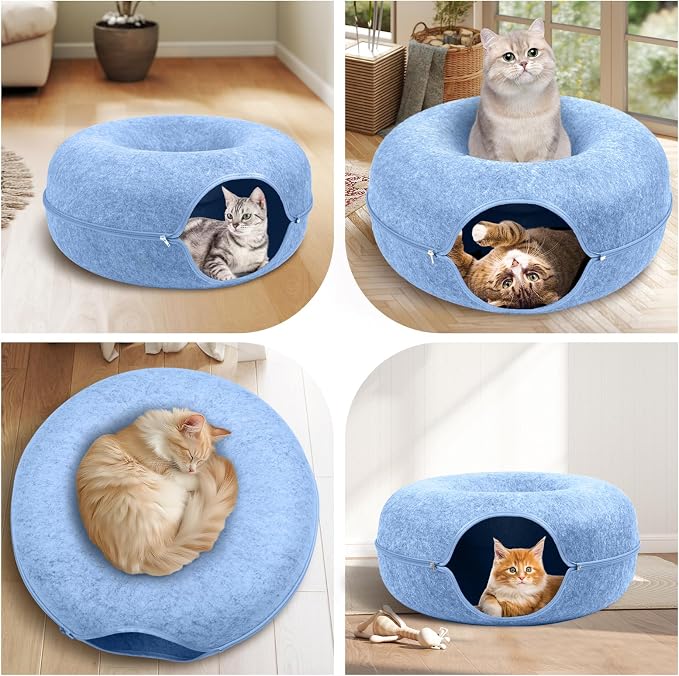 Cat Caves for Indoor Cats, Large Cat Tunnel for Multiple & Large Cats, Scratch Detachable Cave Bed, Kitten Donut Kitty Hideaway Up to 45 Lbs (Blue, Large, 1 Pack)
