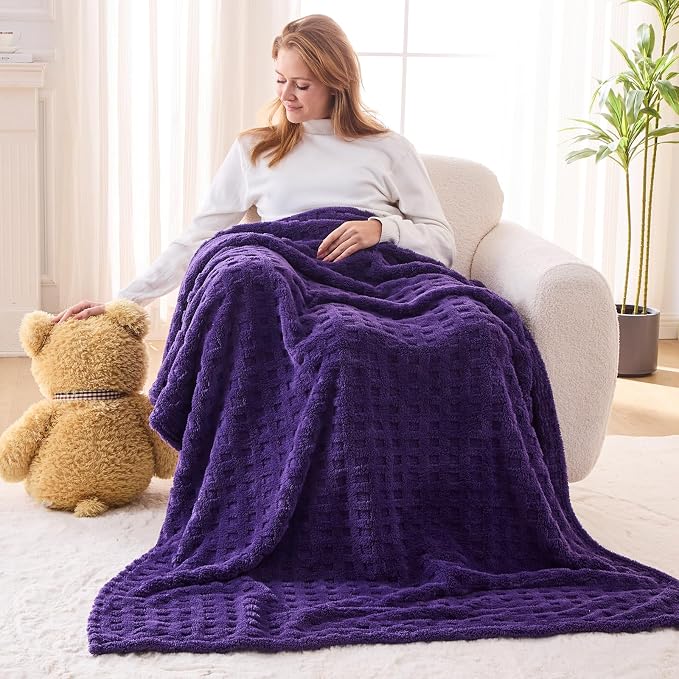 NEWCOSPLAY 3D Waffle Checkered Flannel Throw Blanket, Dark Purple, 50"x70" | Super Soft Cute Lightweight Decorative Premium Silky Fleece Blanket for Couch Sofa Bed, Gift for Women Men, All Season Use