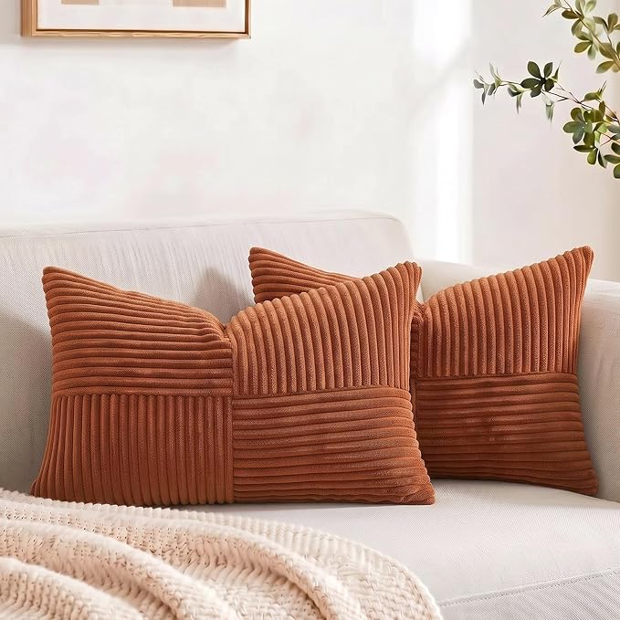 Fancy Homi 2 Packs Rust Lumbar Decorative Throw Pillow Covers 14x22 Inch for Living Room Couch Sofa, Rustic Farmhouse Boho Home Decor, Soft Striped Corduroy Rectangle Accent Terracotta Cushion Case