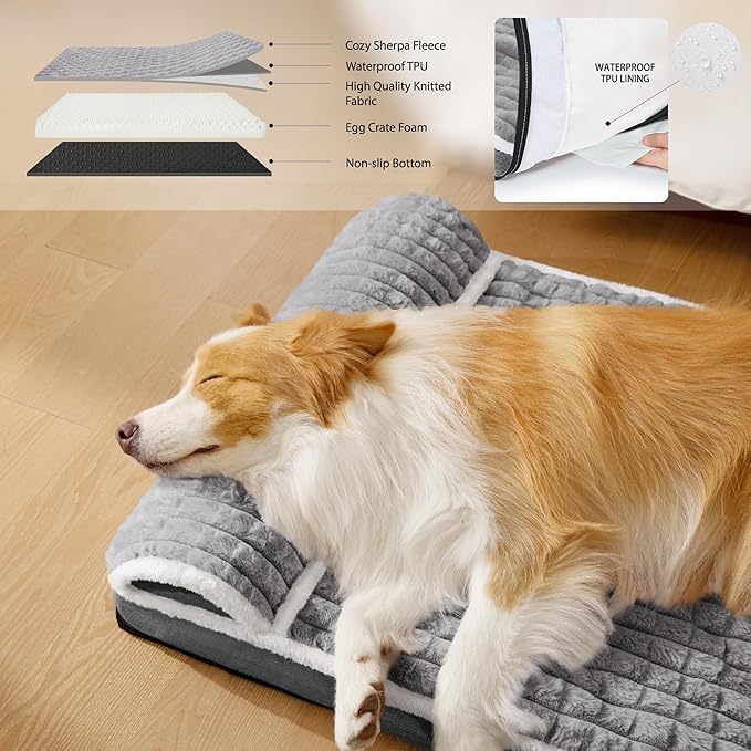 Orthopedic Large Dog Bed Pillow Pet Sofa Bed 36''X24'' Grey | Egg-Crate Foam Pet Couch Large Sized Dog, Waterproof Removable Washable Cover,Furry Puppy Crate Mat With Nonskid Bottom