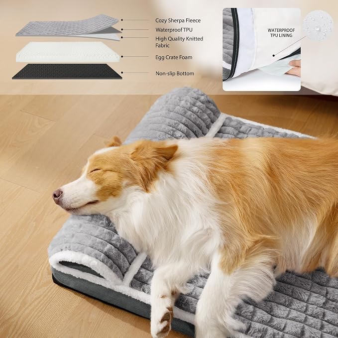 Orthopedic Large Dog Bed Pillow Pet Sofa Bed 48''X30'' Grey | Egg-Crate Foam Pet Couch Large Sized Dog, Waterproof Removable Washable Cover,Furry Puppy Crate Mat With Nonskid Bottom