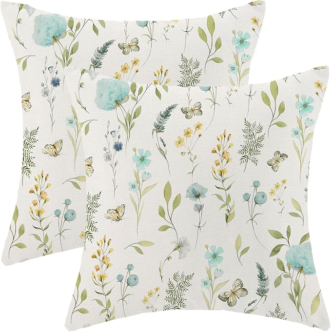 Spring Pillow Covers 16x16 Inch Set of 2, Aqua Teal Sage Green Wild Flower Throw Pillows Case,Colorful Seasonal Floral Plant Outdoor Decorative Farmhouse Decor Cushion Covers for Sofa Bed Couch