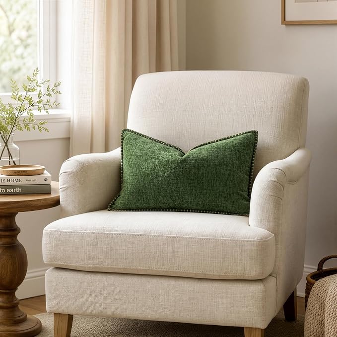 MIULEE Decorative Lumbar Throw Pillow Covers 12x20 Inch Forest Green 2 Pack | Farmhouse Pillow Covers with Stitched Edge, Soft Chenille Cushion Cases, for Couch Sofa Bed Living Room Home Decor,Moss Green