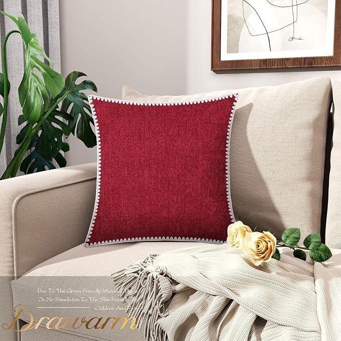 BRAWARM Chenille Throw Pillow Covers 18x18 Inches, Red, 2 Pack | Decorative Pillow Covers with Shell Edge, Soft Cushion Cases for Sofa Bed Living Room Home Farmhouse (No Insert)