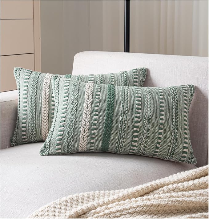 Cethom Boho Throw Pillow Covers 12x20 Inch Set of 2, Farmhouse Decorative Couch Pillow Cases, Light Green Accent Pillows of Bed, Sofa Bedroom Living Room Home Decor Cushion Cover