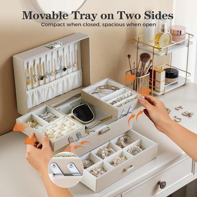 Jewelry Organizer Box, Large Jewelry Boxes for Women Girls, Space-Saving 3 Layers Jewelry Storage Case with Drawer, Movable Metal Stand, Modern, Gift Idea (Champagne)