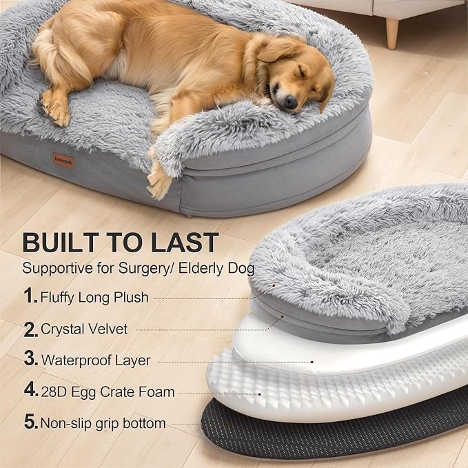 iweepet Fluffy Calming Orthopedic Dog Beds for Medium & Large Dogs, Supportive Dog Sofa Bed with 3.7 inch 28D Egg-Crate Foam, Removable Washable Plush Cover, Waterproof Lining, 41'',Grey