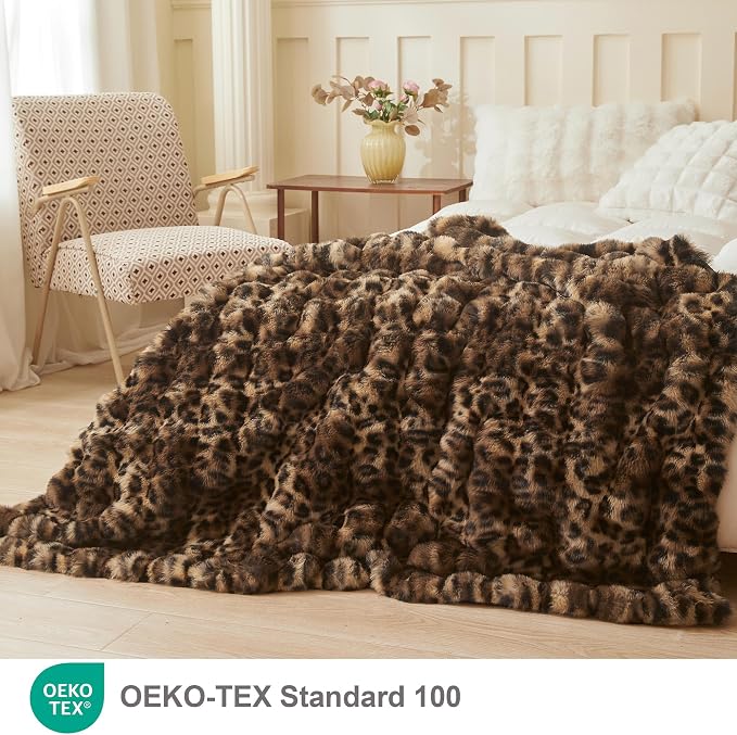 LIFEREVO Cheetah Print Faux Rabbit Fur Throw Blanket 60x80, Brown and Black | Leopard Print Soft Fluffy Bubble Throw for Bed Couch Sofa Office, Washable Skin-Friendly Cozy Furry Blanket for Home Decor