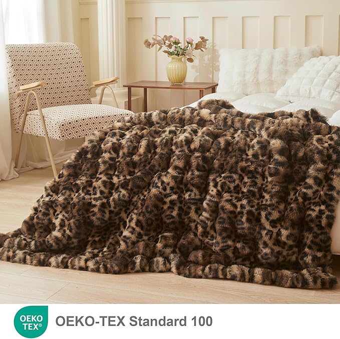 LIFEREVO Cheetah Print Fluffy Faux Rabbit Fur Throw 50x60, Brown and Black | Plush Furry Leopard Print Bubble Blanket for Bed Couch Sofa, Soft Cozy Fuzzy Lap Throw for Home Bedroom Living Room Office