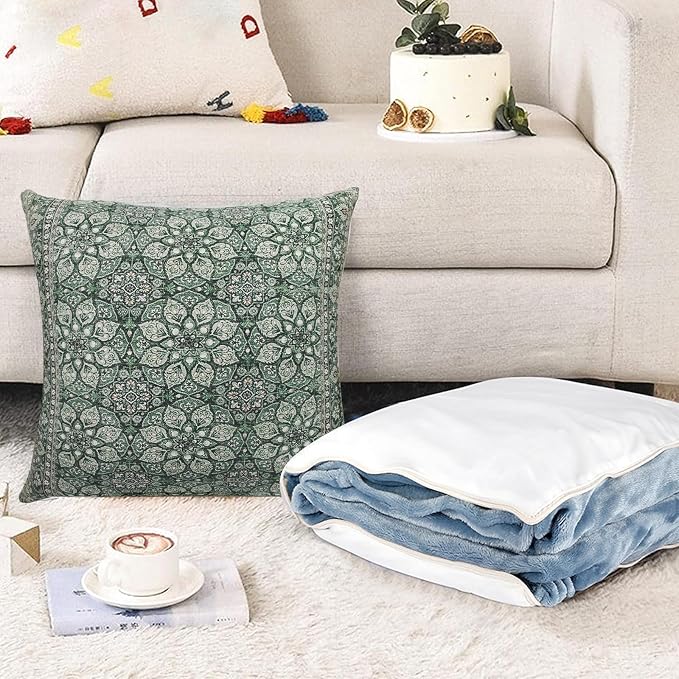 Boho Throw Pillow Covers 26x26 inch Set of 2,Soft Pillowcases Bohemia Carpet Printing Pattern Decorative Sofa Living Room Bed Square Pillow Case Cushion Cover-Green Flower