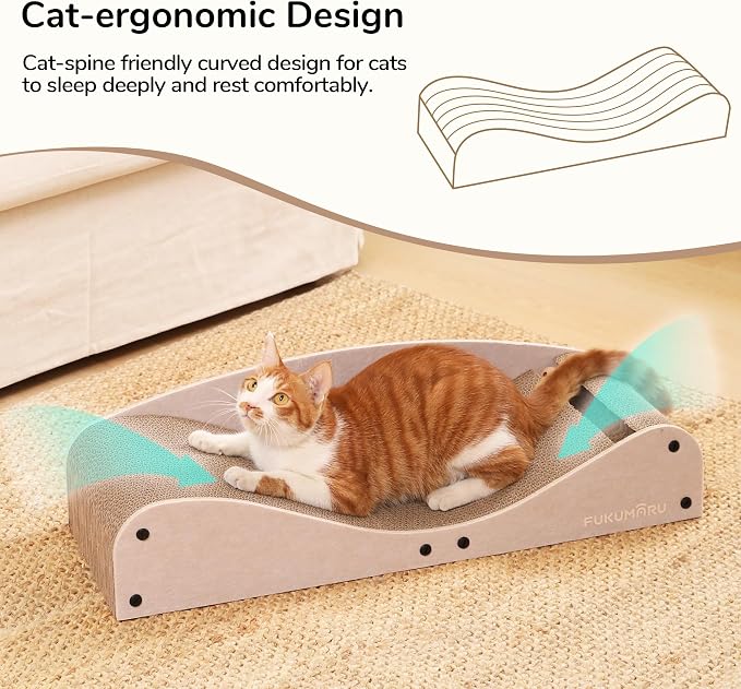 FUKUMARU Cardboard Cat Scratcher Bed, Extra Large 29.1 Inch Cat Scratch Pad | Cat Scratching Bed Couch Indoor, Natural Felt Multifunctional, Horizontal Kitten Scratch Bed Lounger With Ball Toy, Camel