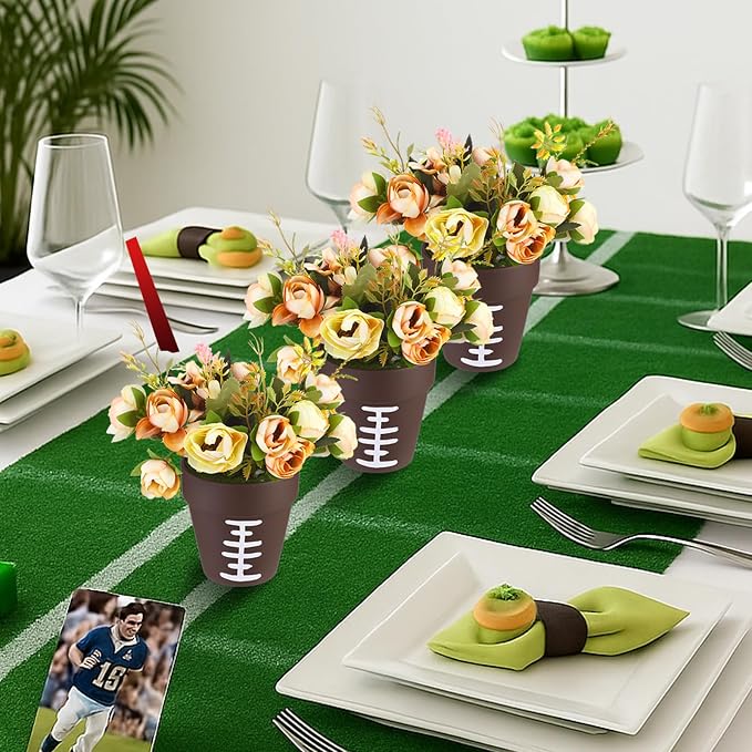 Reallnaive 9 Pcs Football Table Centerpiece Vases 4 Inch Sport Flower Pot | Rugby Lace Design Sports Party Theme, Terracotta Style Planters for Home Decor, Game Day Celebration Table Setup