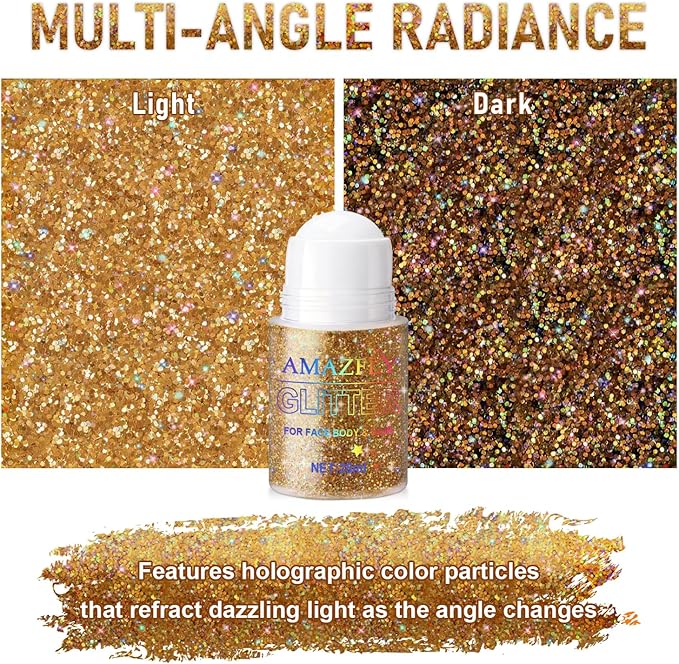Roll-on Holographic Body Glitter Gel for Face and Hair, Chameleon Color Changing Glitter Gel Under Light, Chunky Mermaid Sequins Festival Party Rave Accessories Body Shimmer Makeup (Champagne)
