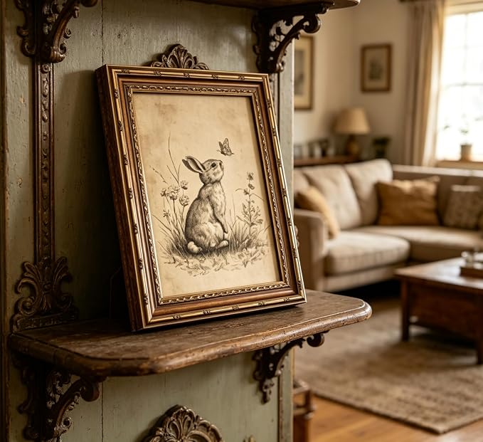 Vintage Gold Framed Bunny Easter Wall Art Rabbit and Butterfly Painting Canvas Prints Country Botanical Wildflowers Sketch Picture Rustic Farmhouse Poster Artwork for Living Room Bedroom Bathroom