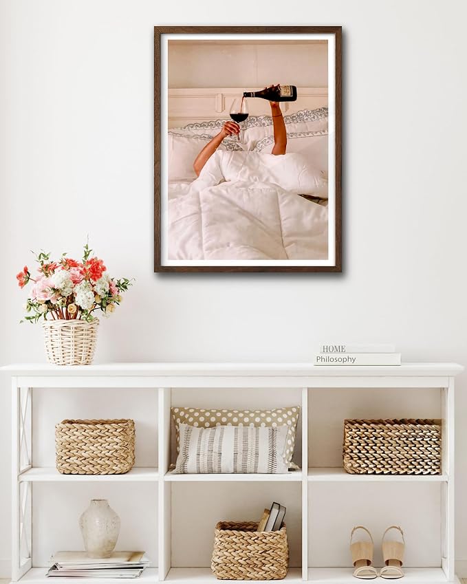 EcoHest 12x16 in Woman Drinking Wine in Bed Framed Wall Art for Bedroom | Walnut Color Solid Oak Frame, Canvas Wall Art, Feminist Wine Wall Decor for Bedroom, Bathroom, Dorm Room, College Room, 1Pack