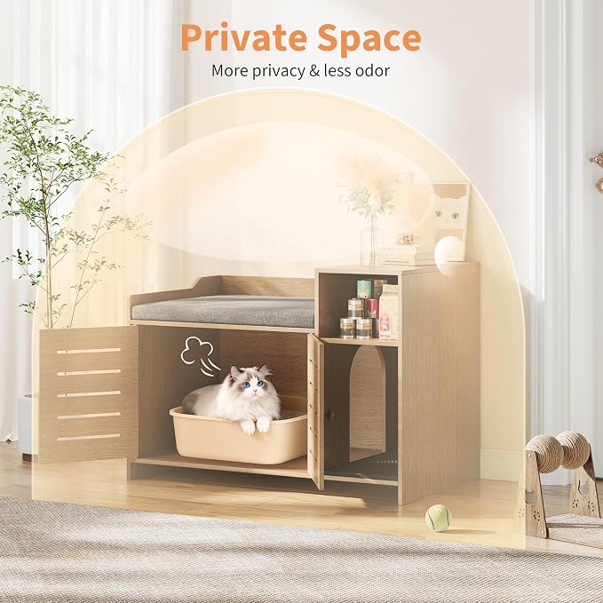 Cat Litter Box Enclosure Furniture, Large Hidden Litter Box Cabinet with Double Door, End Table Cat House with Storage Shelf, Modern Pet Furniture for Living Room, Oak