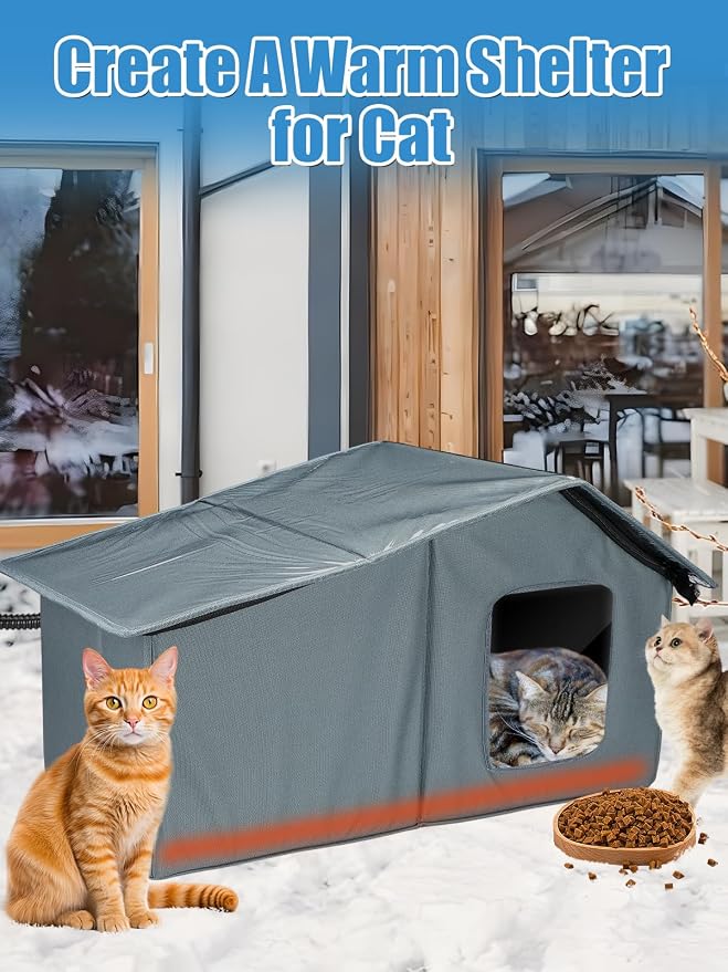 Weatherproof Heated Cat Houses for Outdoor Cats - Insulated Cat Shelter for Winter with Thermostatic Heating Pad and Escape Door, Warm Outside Pet House Gift for 2-3 Feral Cats (Large)