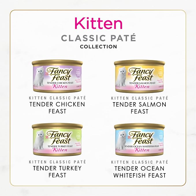 Fancy Feast Purina Tender Ocean Whitefish,Turkey,Chicken and Salmon Feasts Wet Kitten Food Variety Pack - 3 oz. Boxes,(Pack of 48)
