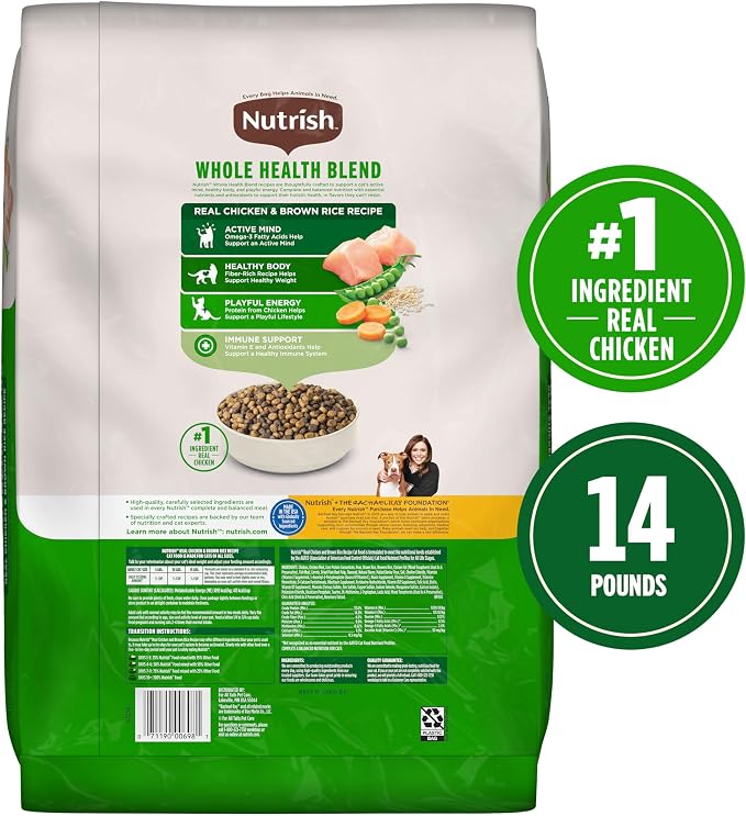 Nutrish Dry Cat Food, Chicken & Brown Rice Recipe, 14 lb. Bag (Rachael Ray) | Vitamin E and Antioxidants Help Support a Healthy Immune System, Provides Complete & Balanced Nutrition