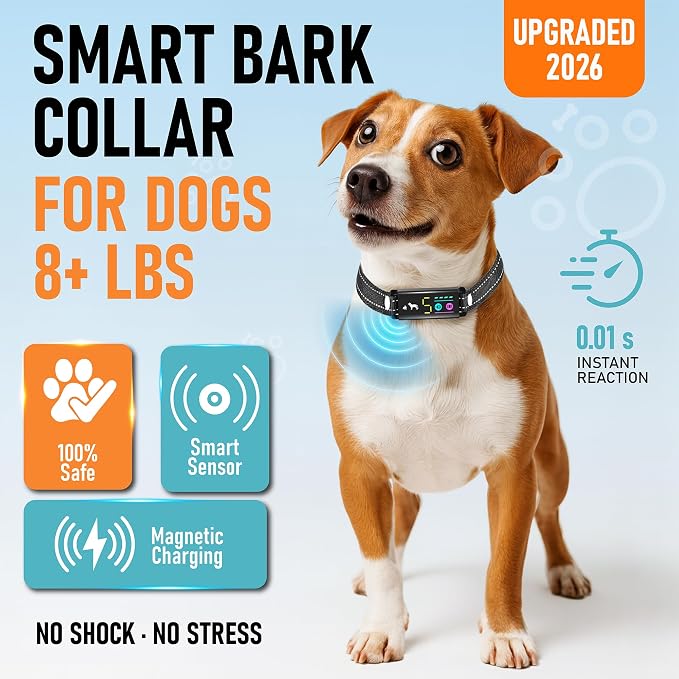 No Shock Bark Collar for Small Dogs 8-40 lbs - Beep & Vibration, Smart Screen, 5 Sensitivity, Anti-False Trigger, Magnetic Rechargeable, IP67 Waterproof, Black/Black