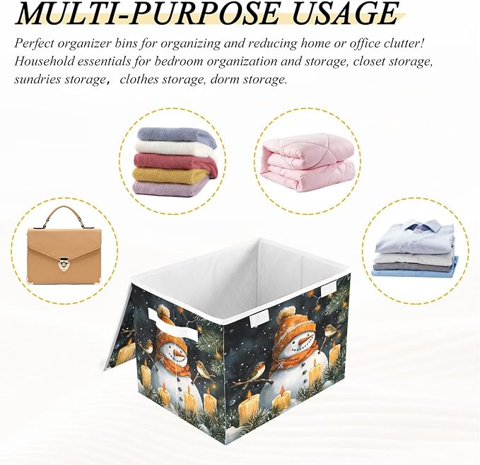 Watercolor Snowman Storage Bins with Lids and Carrying Handle,Foldable Storage Boxes Organizer Containers Baskets Cube with Cover for Home Bedroom Closet Office Nursery