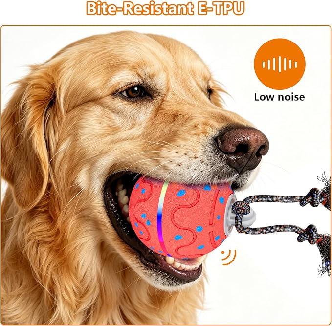 Interactive Dog Ball Toy with 2 Rope, Automatic Rolling & Bouncing Smart Dog Toy with Bird Chirping Sound and LED Light, Soft ETPU Chew-Safe Material, USB Rechargeable, for Medium & Large Dogs